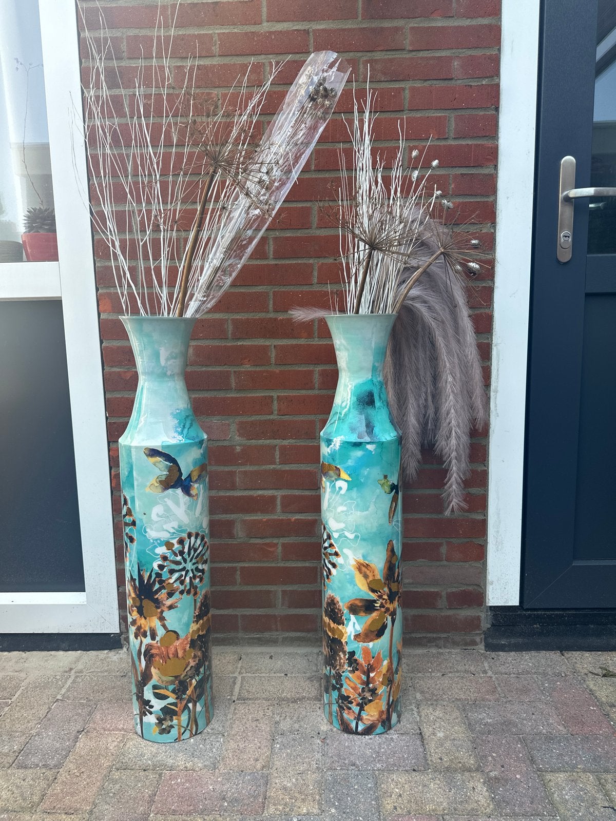 2x TS Collection Vloervazen Turquoise Bloemenprint 90cm, Huis en Inrichting, Woonaccessoires | Vazen, Nieuw, Blauw, Overige materialen