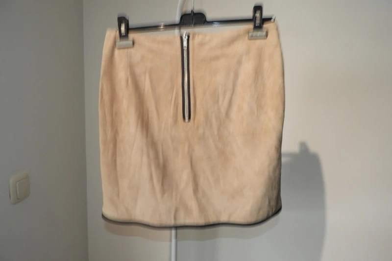 Rika beige suede rok bruine leren accenten zakjes M, Maat 38/40 (M), Verzenden, Beige, Gedragen
