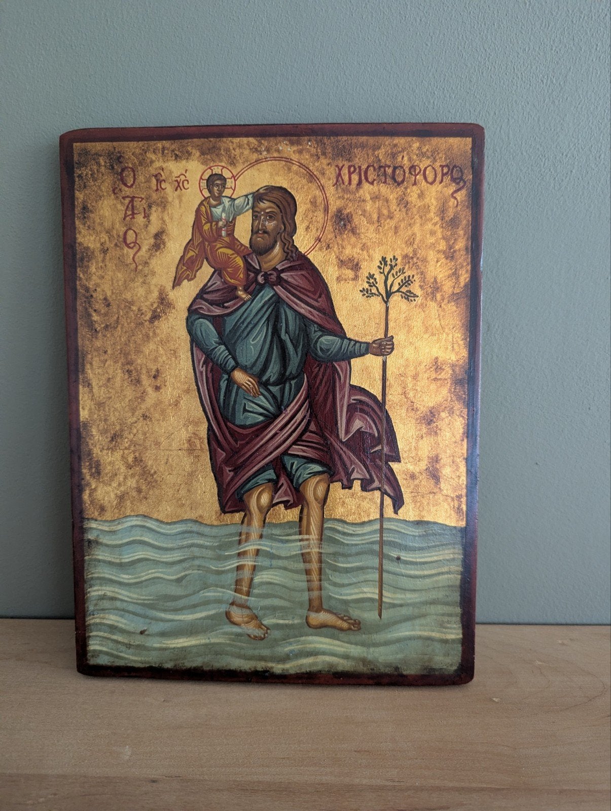 Handgemaakt icoon van Sint Christoforus met Christuskind, Antiek en Kunst, Antiek | Religie, Ophalen