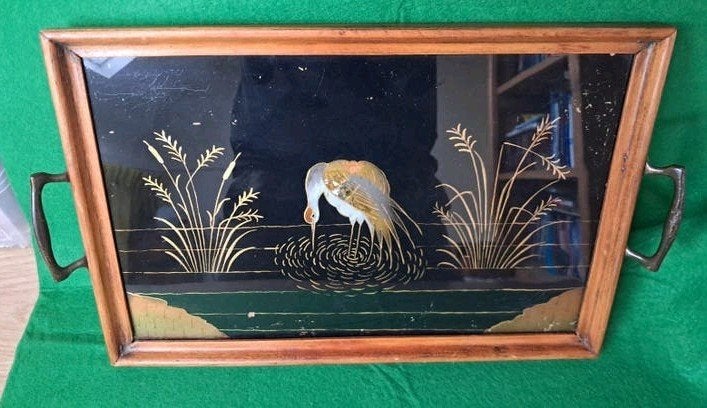 Antiek/vintage houten dienblad met glazen bodem – Reiger met, Ophalen of Verzenden, Gebruikt, Rechthoekig, Hout