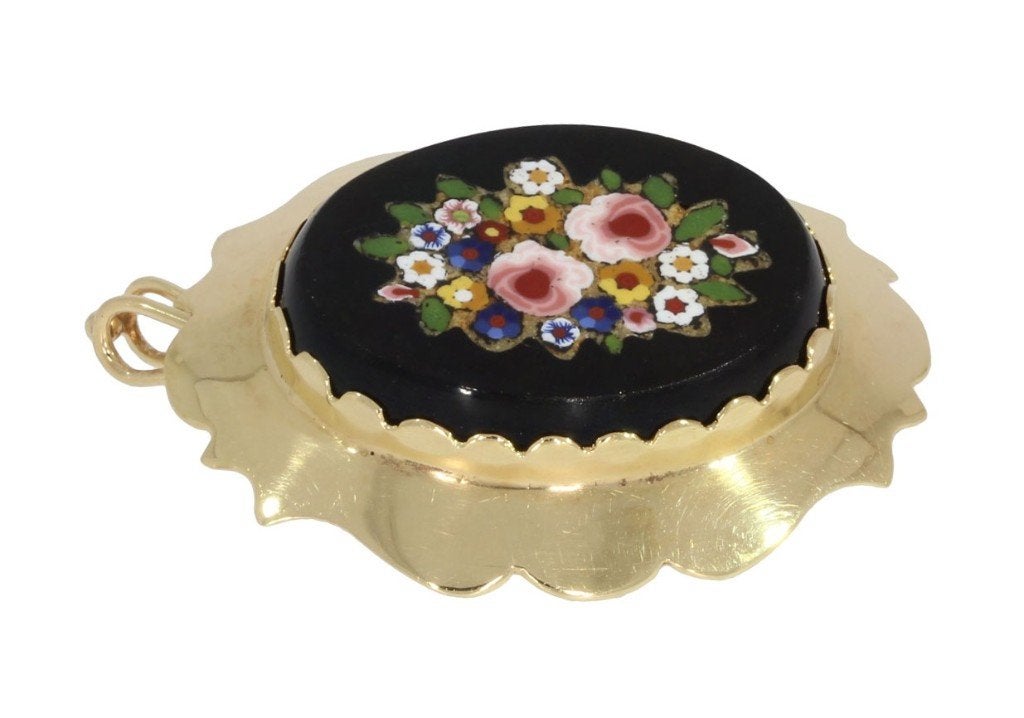 Mikromozaiek 14k gouden ketting hanger Pietra Dura broche, Verzenden, Goud, Hanger, Met edelsteen
