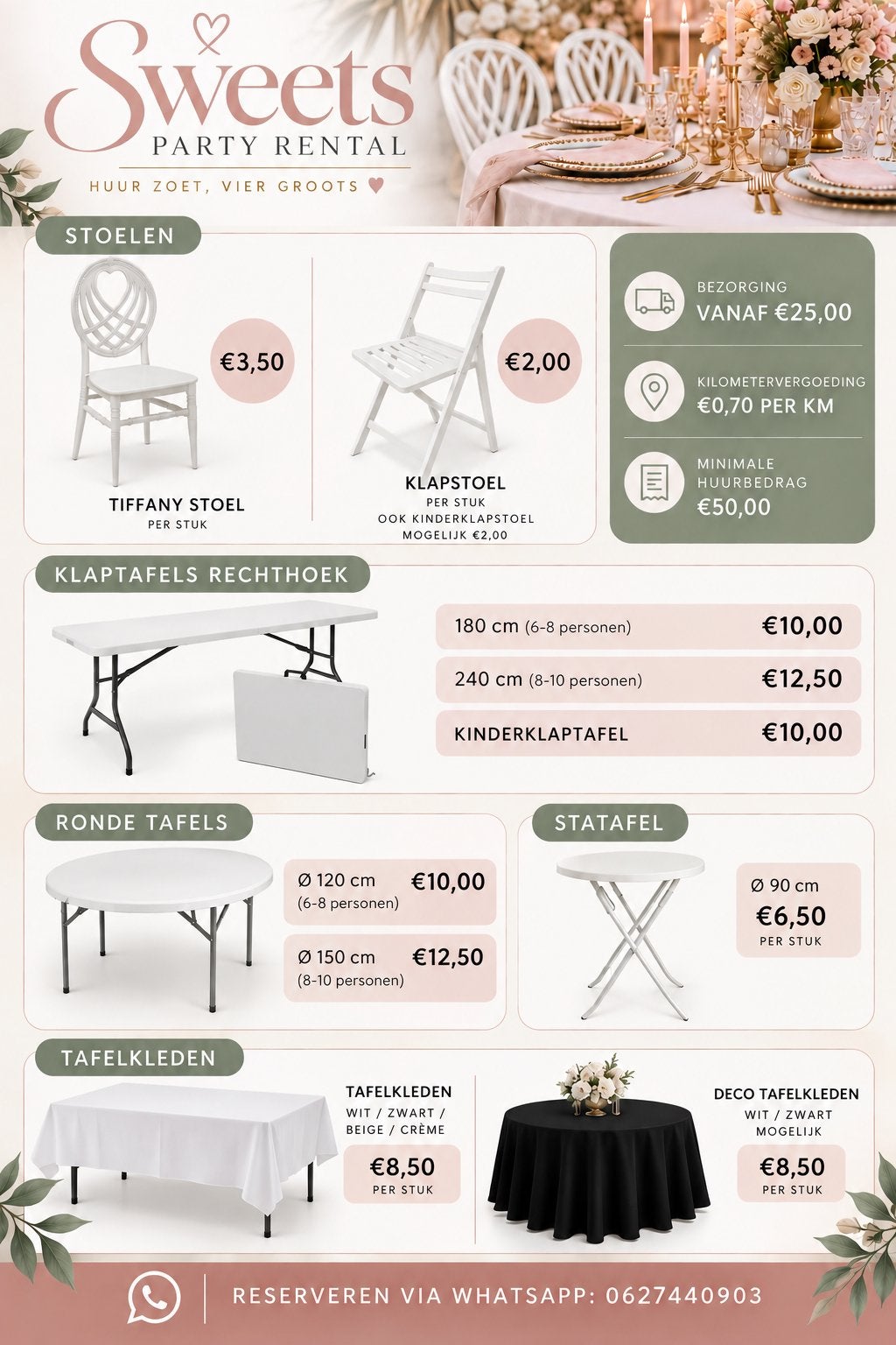 Tafels & stoelen | VERHUUR, Ophalen, Zo goed als nieuw, Overige typen