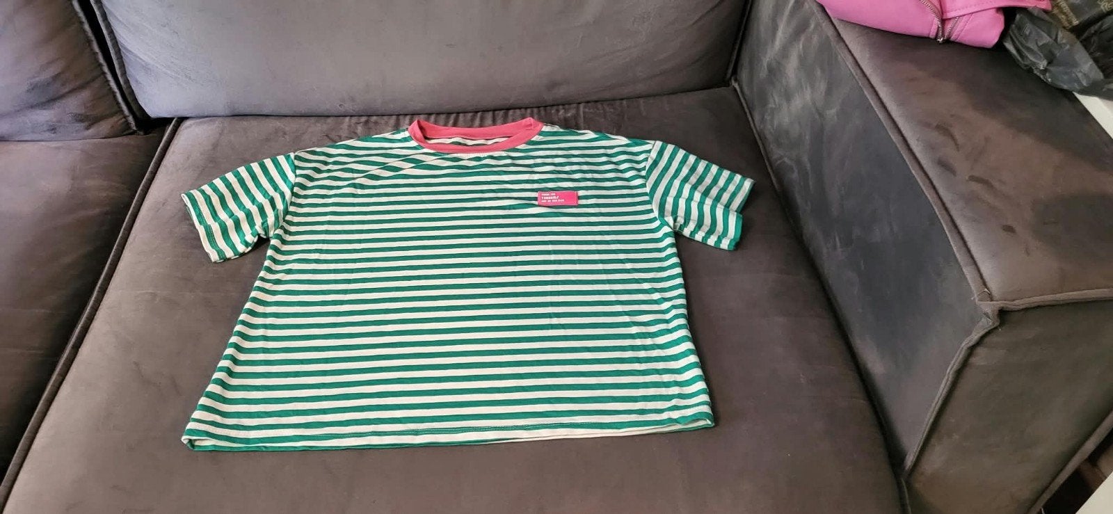 Gestreept T-shirt groen/wit met roze kraag, Kleding | Dames, Maat 38/40 (M), Ophalen of Verzenden, Korte mouw, Roze