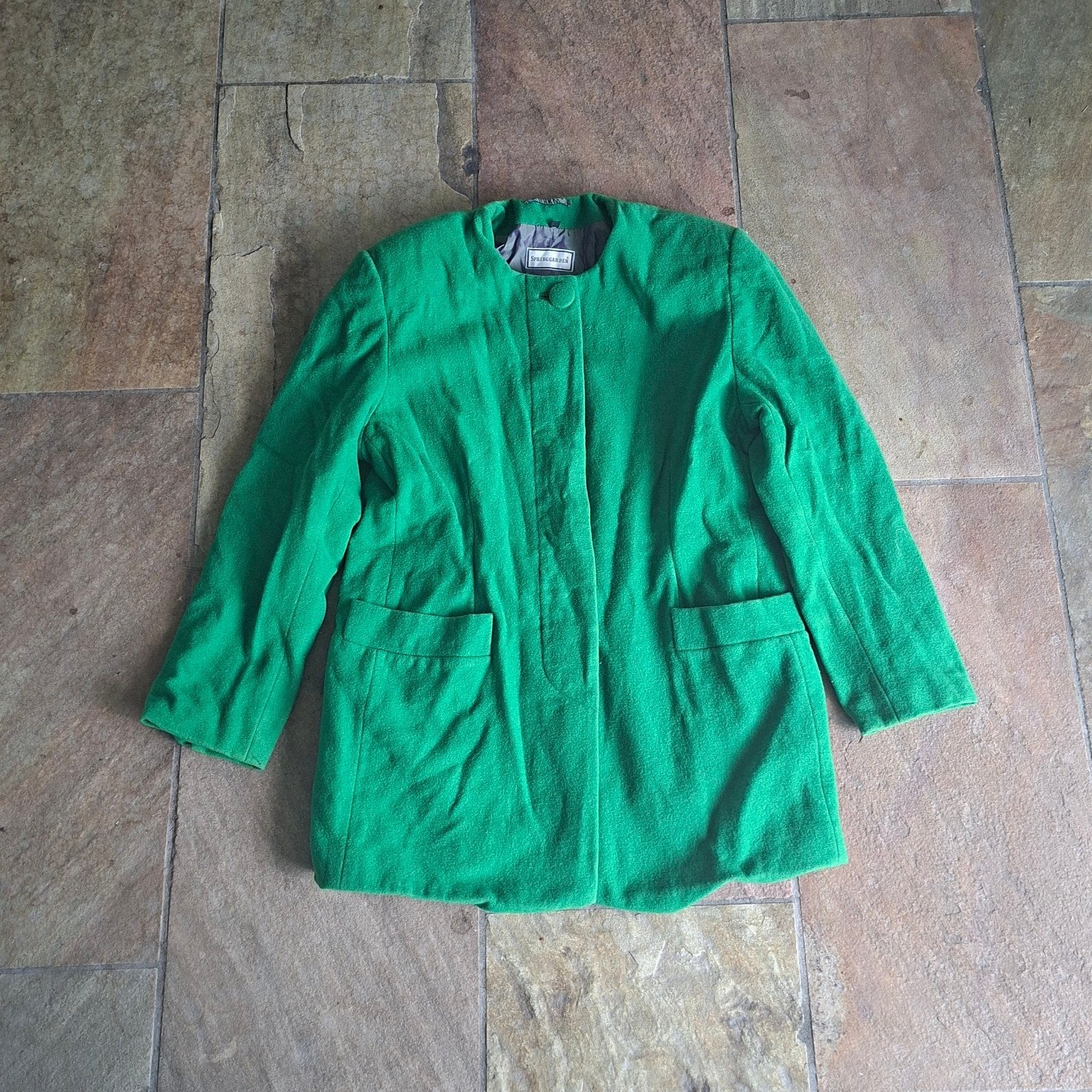 Groene wollen halflange jas/blazer Springgarden maat 40, Ophalen of Verzenden, Zo goed als nieuw, Vintage, Jasje of Colbert
