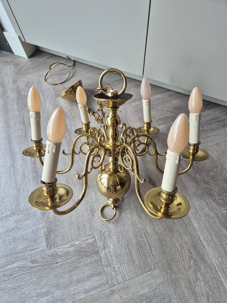 Messing kroonluchter met 6 armen met lampen erin, Ophalen, Gebruikt, Overige fittingen, Metaal
