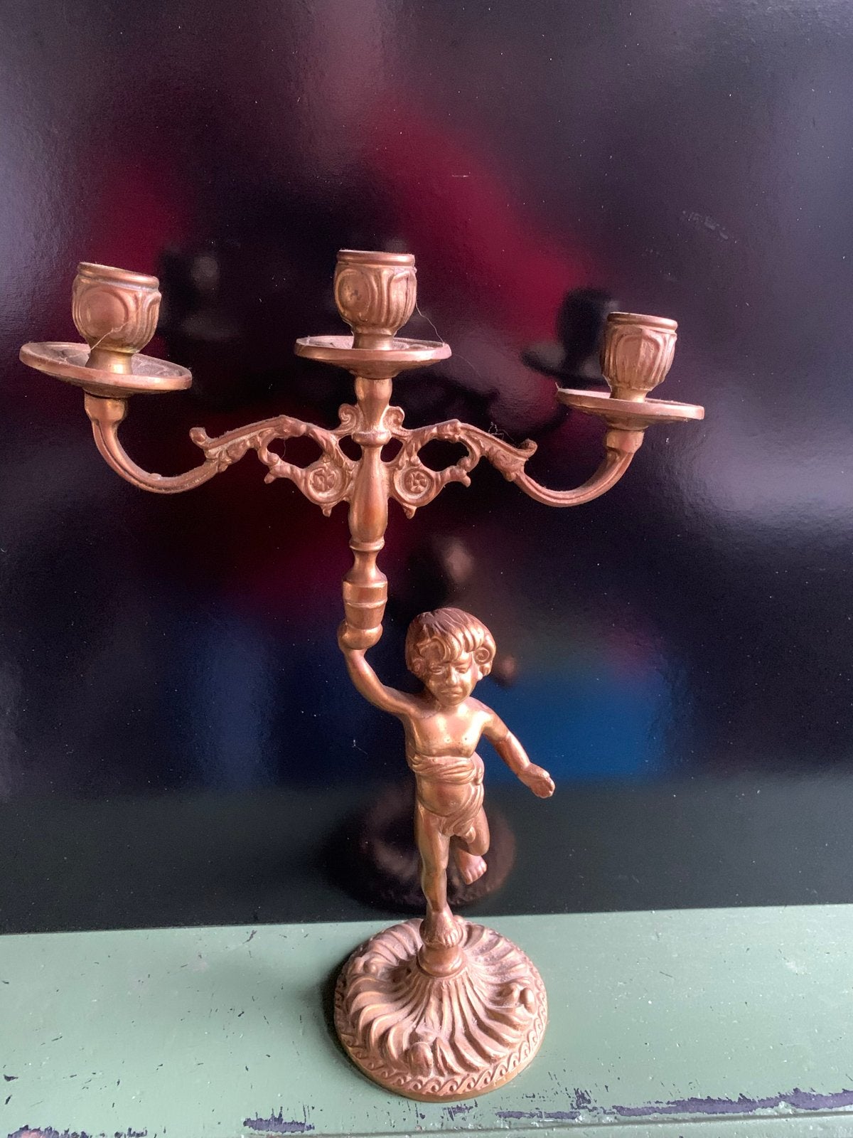 Antieke bronzen kandelaar met cherubijn, Ophalen, Koper of Brons