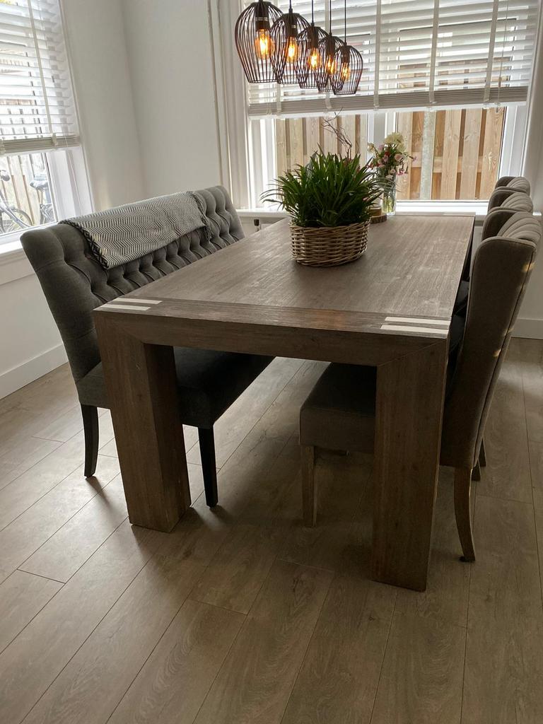 Complete robuuste eetkamer set in zwaar grijs eiken, Ophalen, Gebruikt, Grijs eiken, 4 tot 6 stoelen