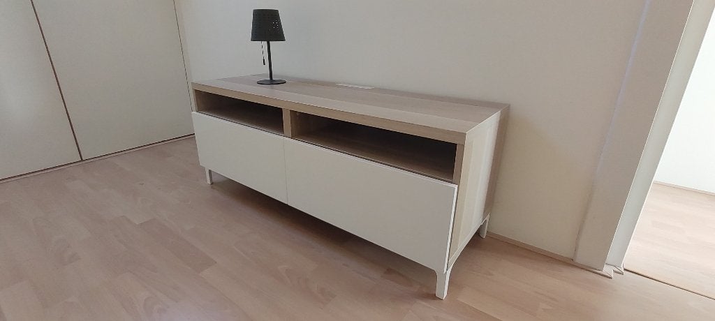 Grey Oak / wit Ikea Besta dressoir / TV meubel 120x42x38, Ophalen, Zo goed als nieuw, Minder dan 150 cm, Met lade(s)