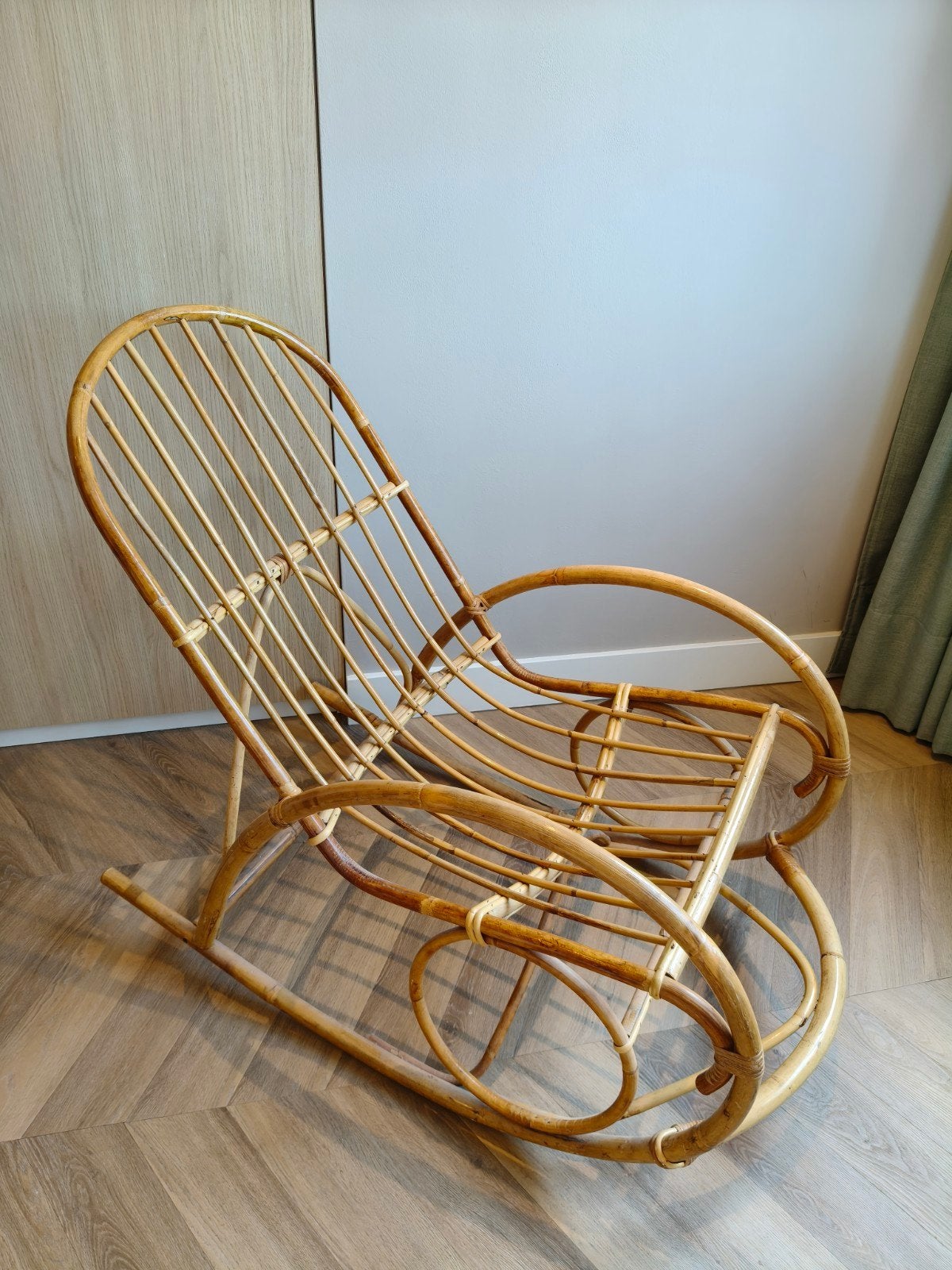 Vintage Bamboe/Rotan Schommelstoel, Ophalen, Bruin, Vintage, Bohemian, Rotan, Riet of Rotan
