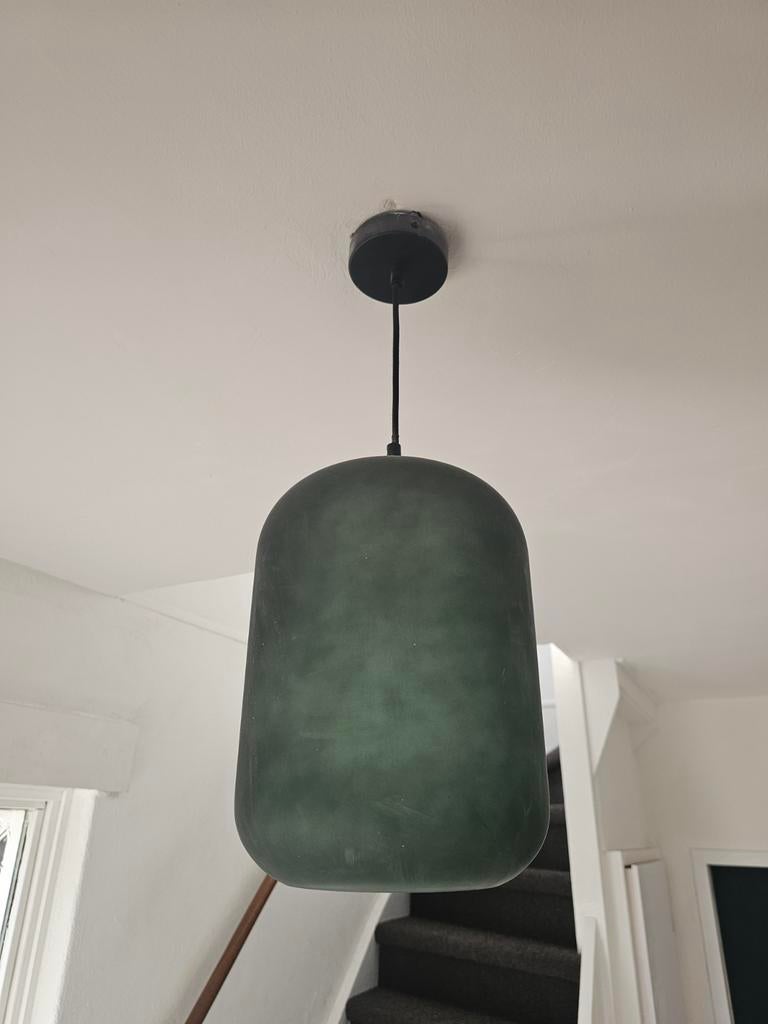 Hanglamp met groen glazen lampenkap, Ophalen of Verzenden, Gebruikt, Glas, Minder dan 50 cm