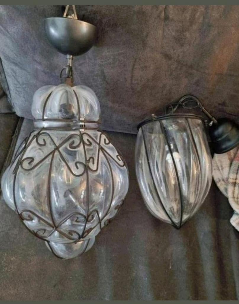 2 glazen hang lampen, Huis en Inrichting, Lampen | Hanglampen, Ophalen, Minder dan 50 cm