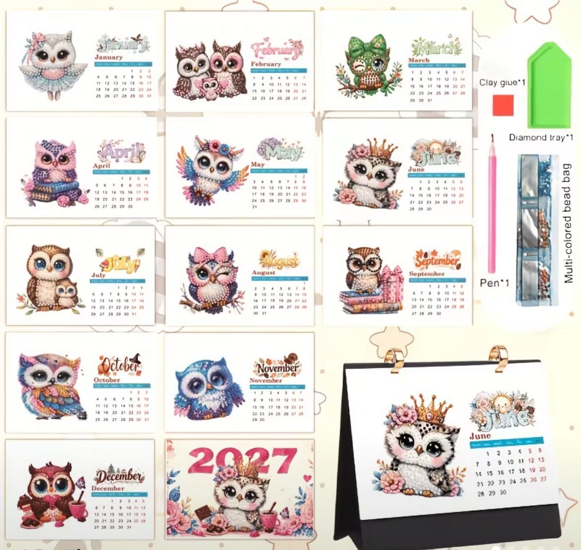 Diamond Painting Uilen Kalender bureau rond Nieuw, Ophalen of Verzenden, Nieuw, Knutselwerk