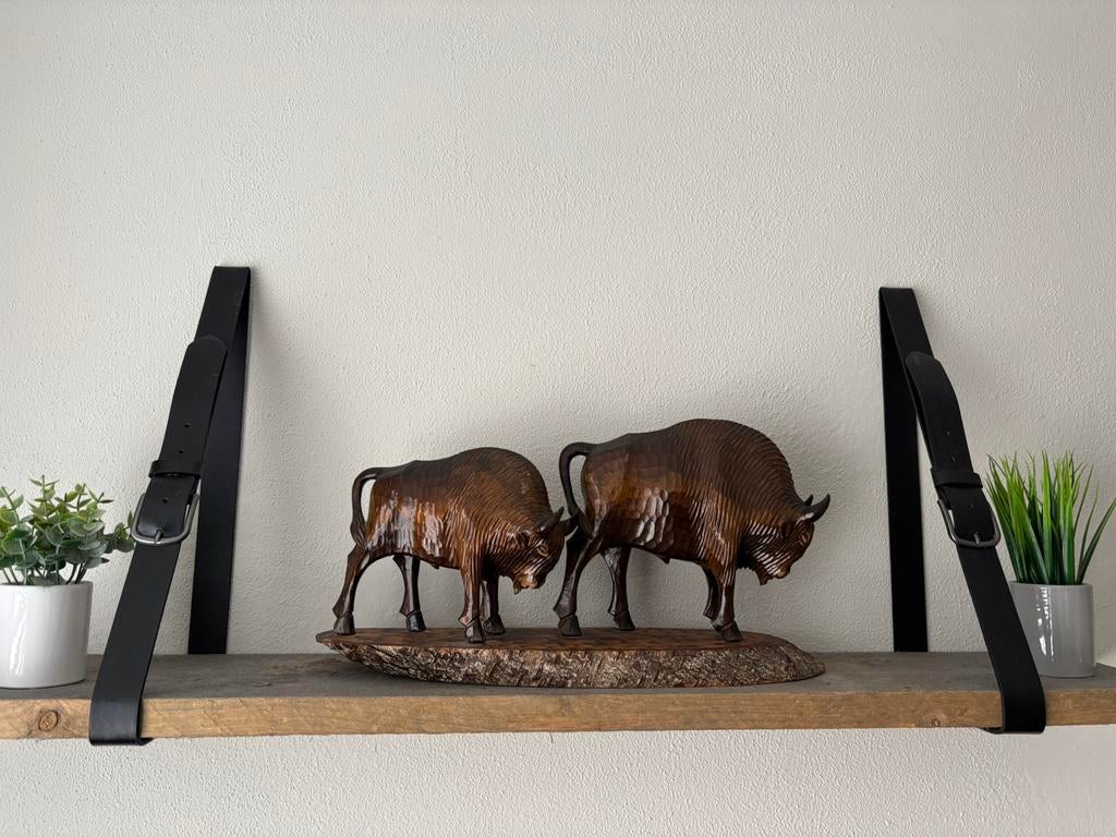 Prachtig handgesneden houten stieren, bizons, twee Wisenten, Ophalen of Verzenden, Hout, Houtsnijwerk