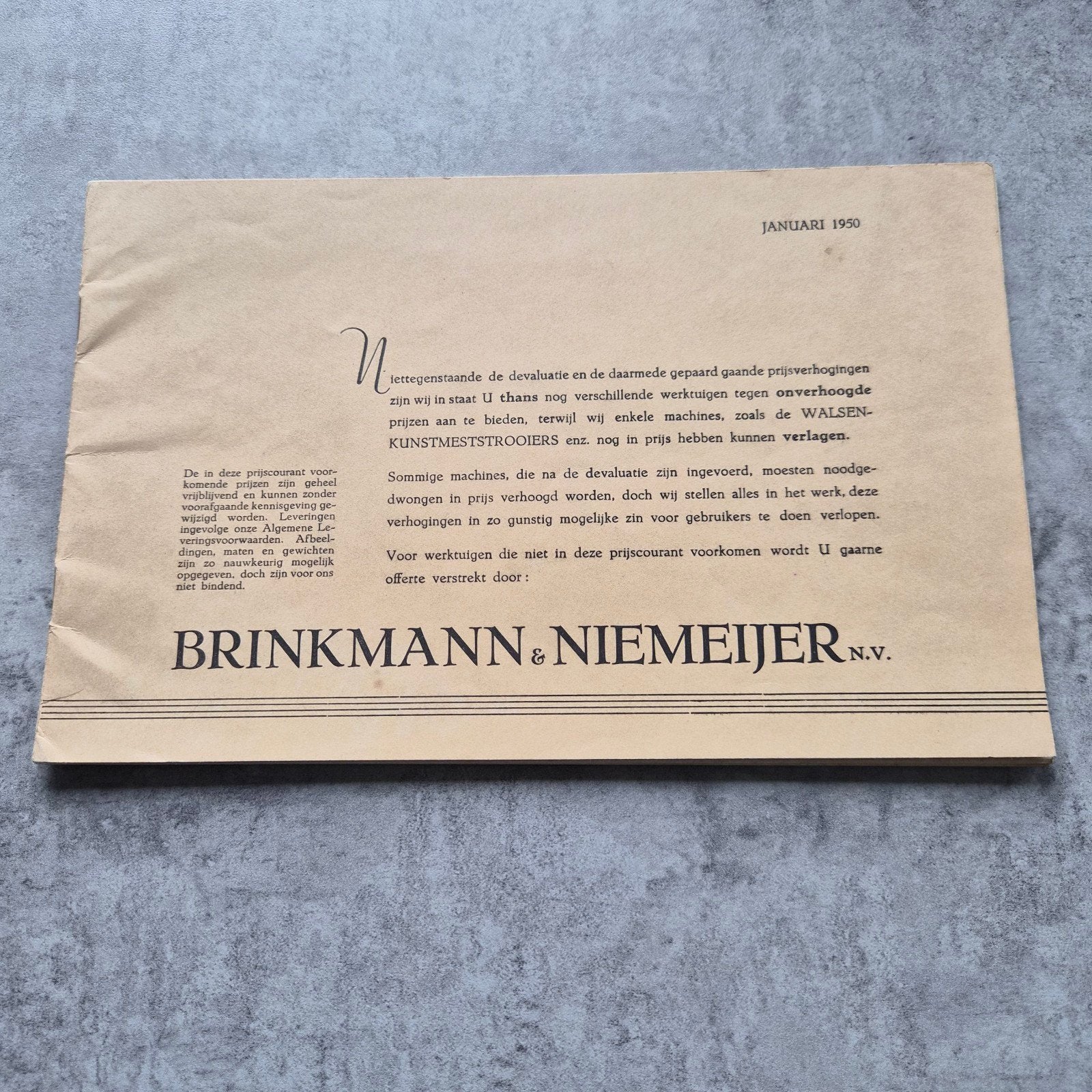 Brinkmann & Niemeijer N.V. Prijslijst Landbouwmachines 1950, Ophalen of Verzenden, Gelezen, Algemeen, Brinkmann & Niemeijer N.V.