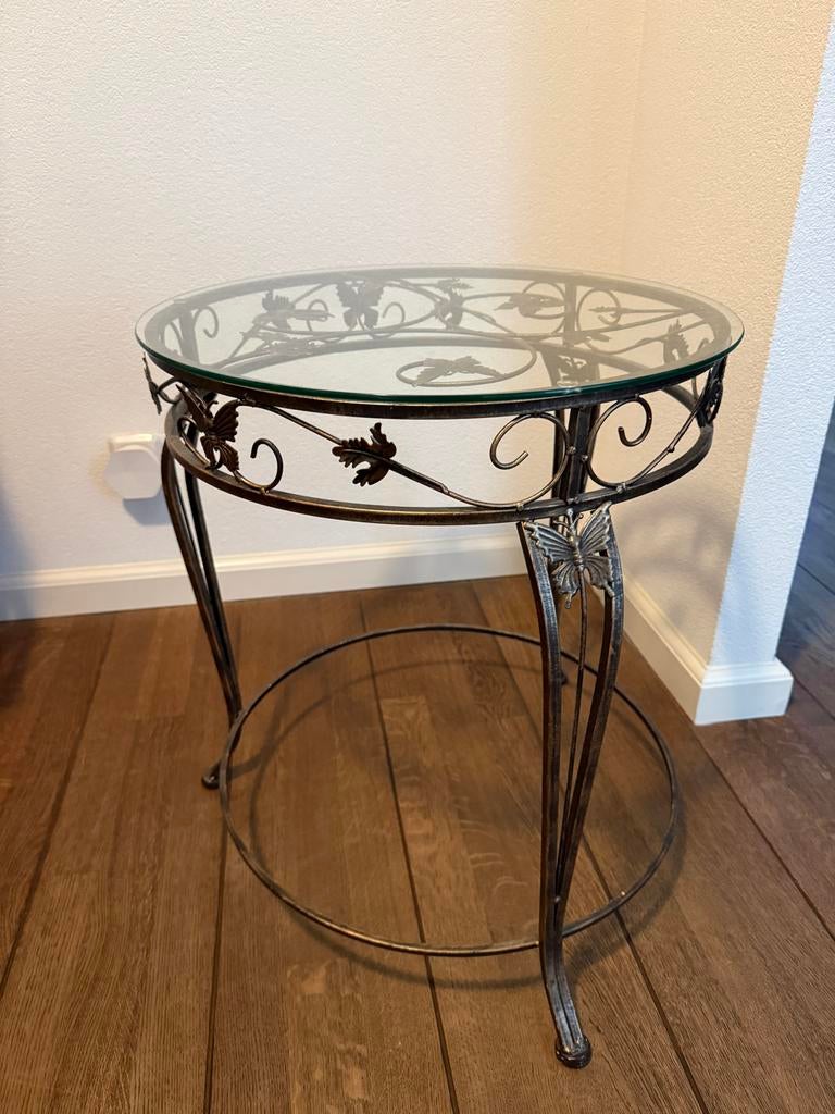 Glazen barok salontafel met vlinderdetails, Gebruikt, Barok, Rond, 55 tot 75 cm