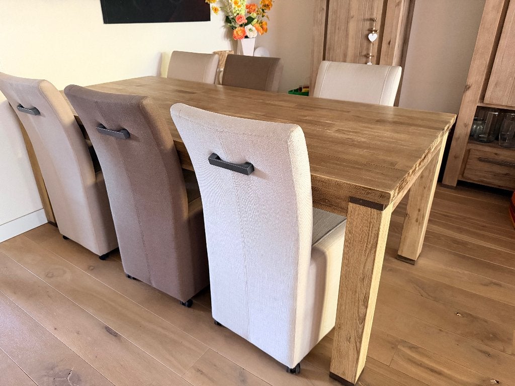 Complete Acaciahouten Eethoek: + 6 Bijpassende Stoelen, Ophalen, Gebruikt, 4 tot 6 stoelen
