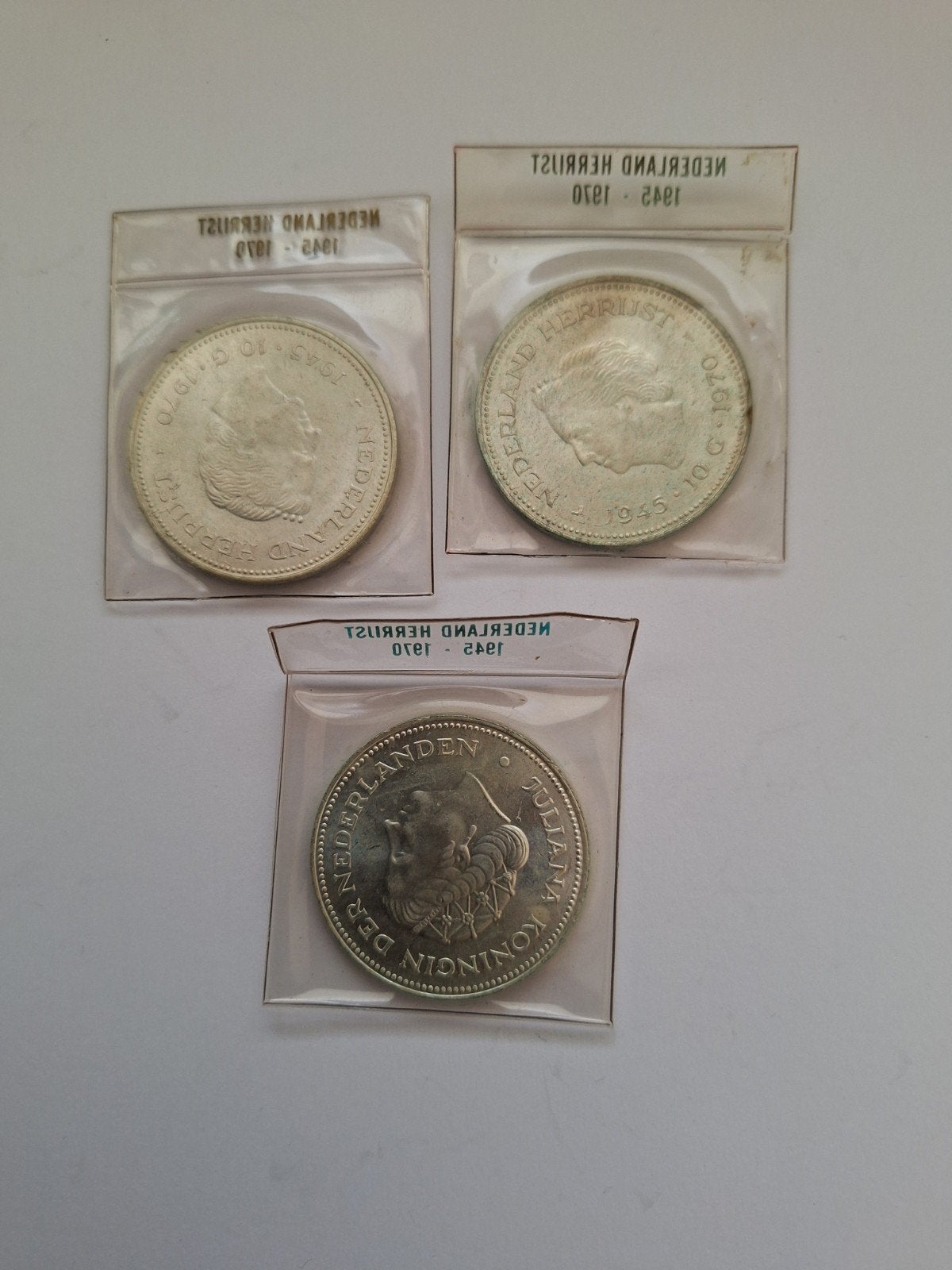 3x zilveren tientje "Nederland Herrijst" 1945/1970, Postzegels en Munten, Koningin Juliana, Setje, Zilver, Ophalen of Verzenden