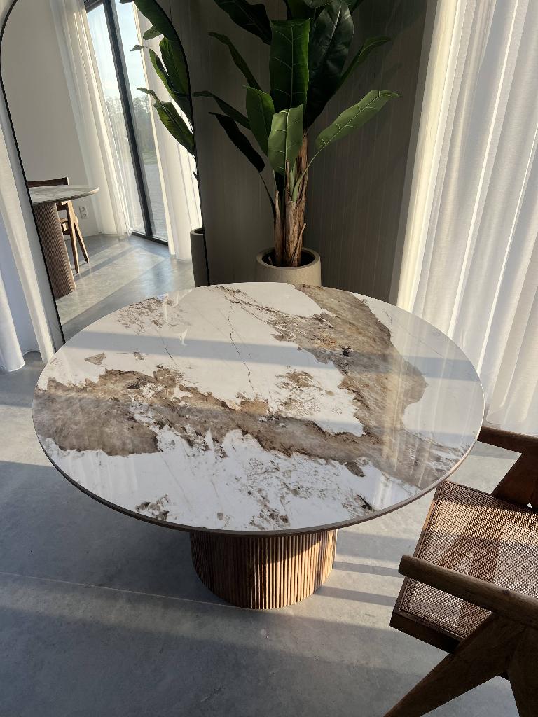 Eettafel Japandi Stijl Rond Wit/Bruin, Huis en Inrichting, Tafels | Eettafels, Nieuw, 100 tot 150 cm, 100 tot 150 cm, Vier personen