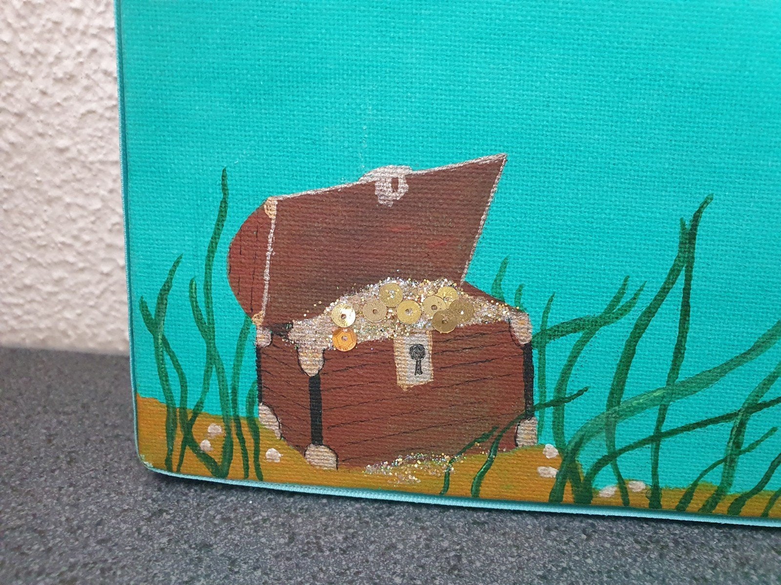 Vrolijk handgeschilderd duikboot schilderij 70x30cm, Acrylverf, Overig onderwerp, Ophalen of Verzenden, Handgeschilderd