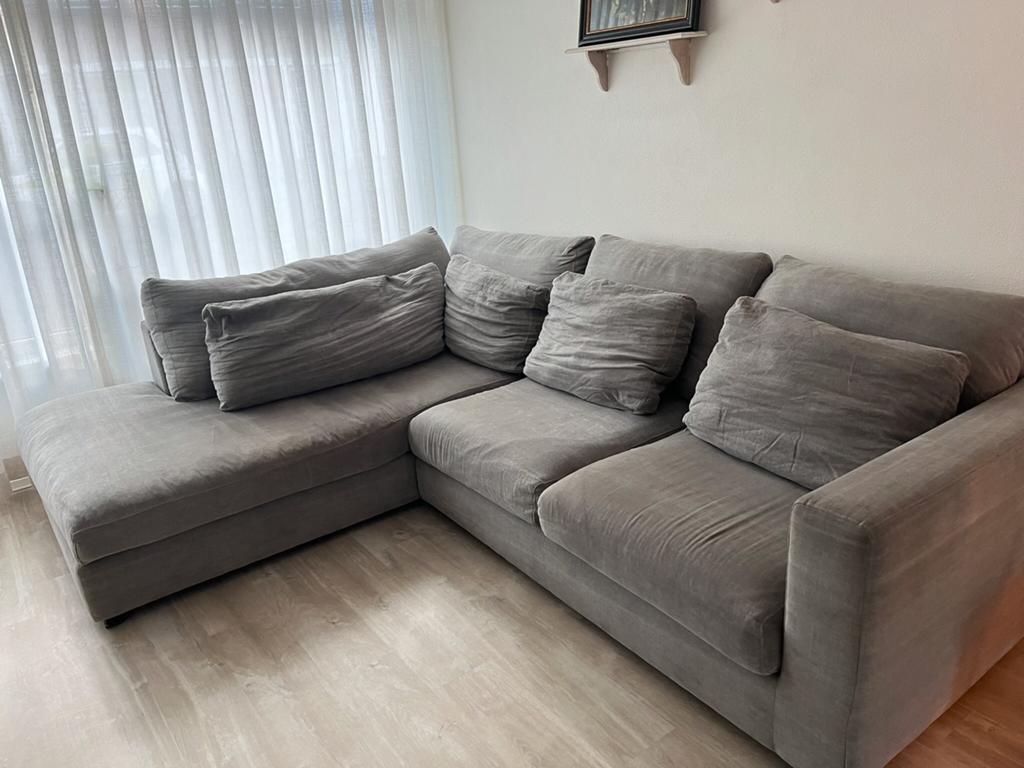 Grote grijze hoekbank met chaise longue, Ophalen, 250 tot 300 cm, Gebruikt, 100 tot 125 cm