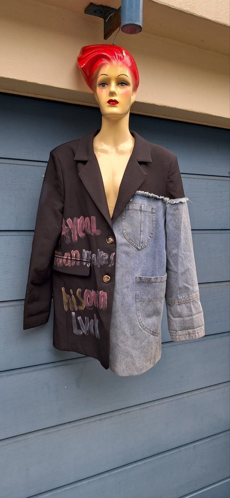 Unieke Colbert/Blazer met Denim en Tekst - Maat M, Aikha, Ophalen of Verzenden