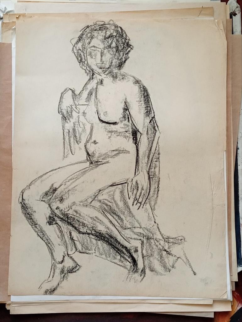 Zittend Naakt erotiek zwart krijt circa 1990, Ophalen of Verzenden