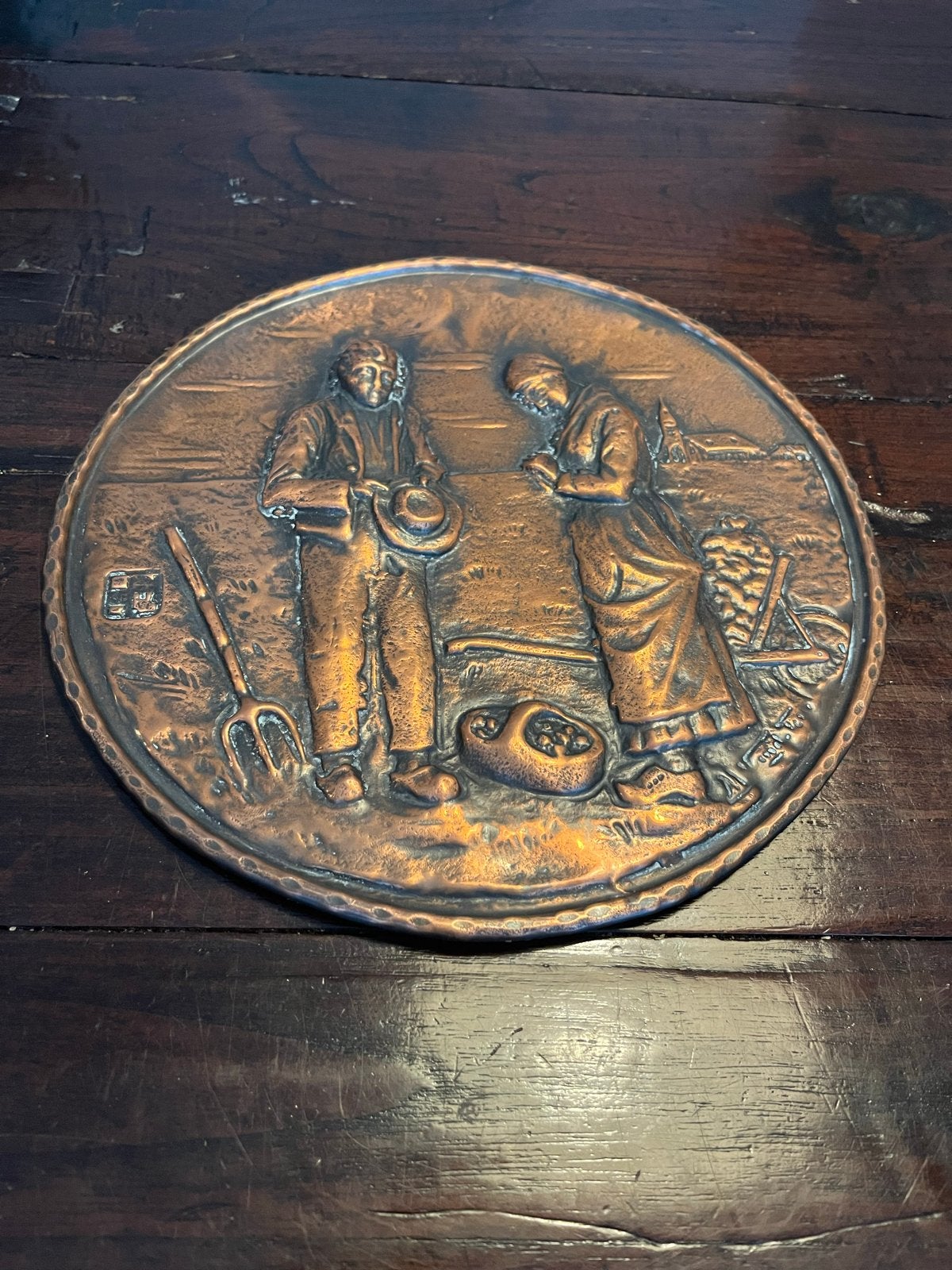 Antiek Koperen Reliëf Plaquette - Boerenpaar, Antiek en Kunst, Ophalen of Verzenden, Koper