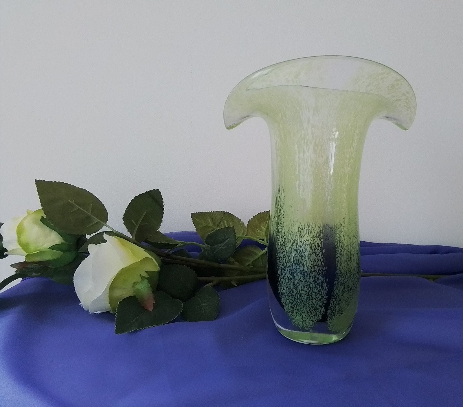 Vintage Teleflora Vaasje -Murano- Paars, Groen, Geel Handgeb, Ophalen of Verzenden