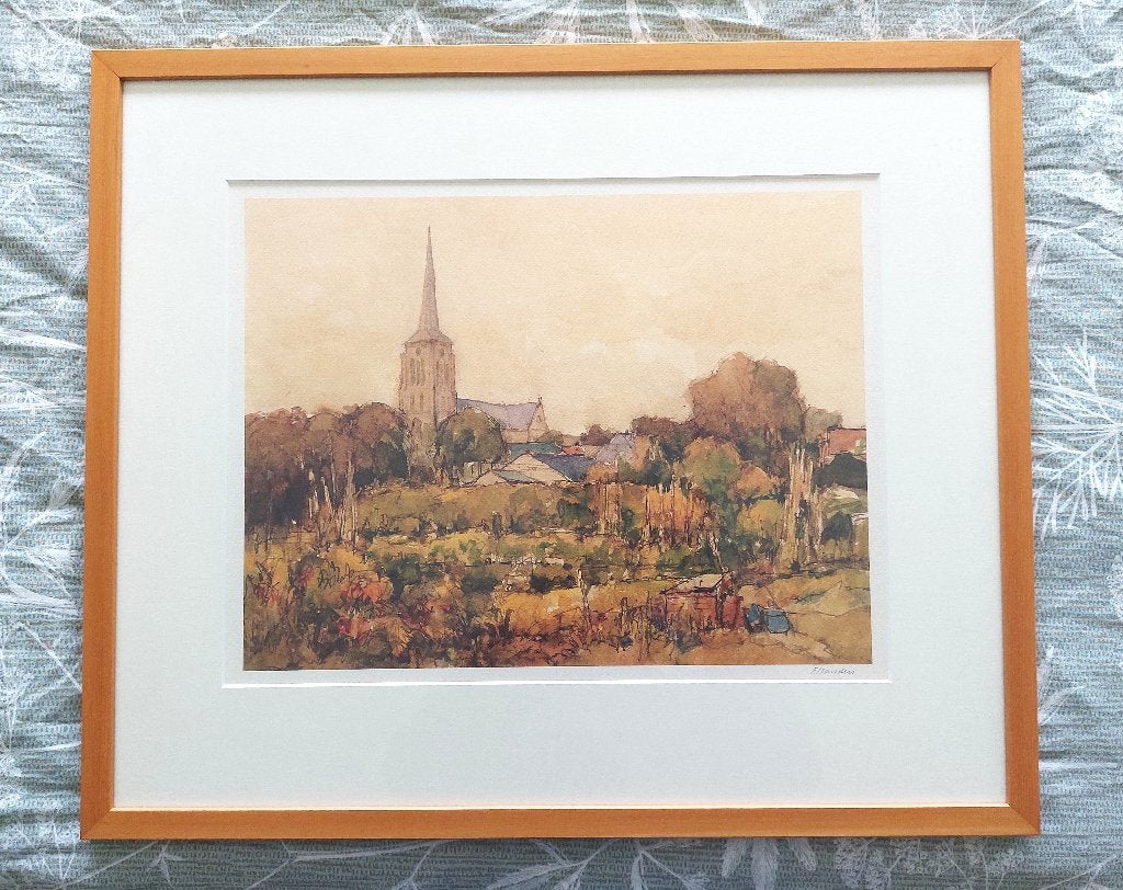 Zeefdruk "zicht op kerk Zesgehuchten", Overige technieken, Impressionistisch, Ophalen of Verzenden, Landschap