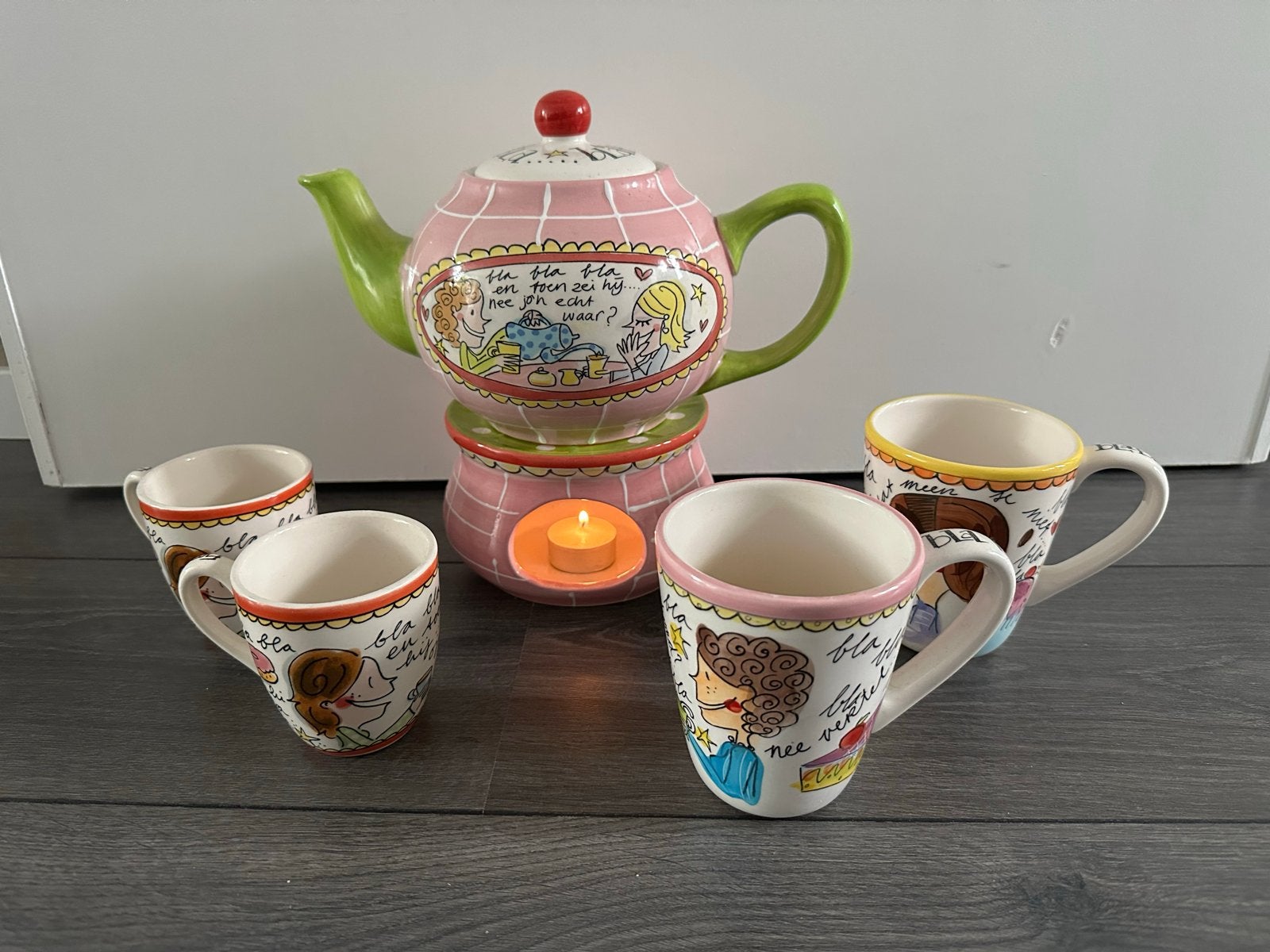Theepot met theelicht en 4 kopjes - Blond Amsterdam stijl, Ophalen, Gebruikt, Keramiek, Theepot