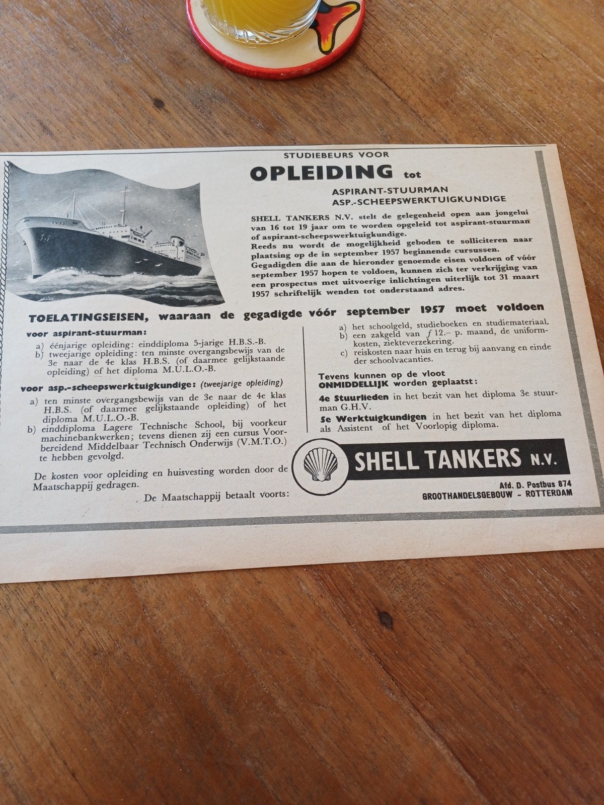 advertentie van Shell tankers opleiding 1956, Verzamelen, Ophalen of Verzenden, Zo goed als nieuw, Kaart, Foto of Prent
