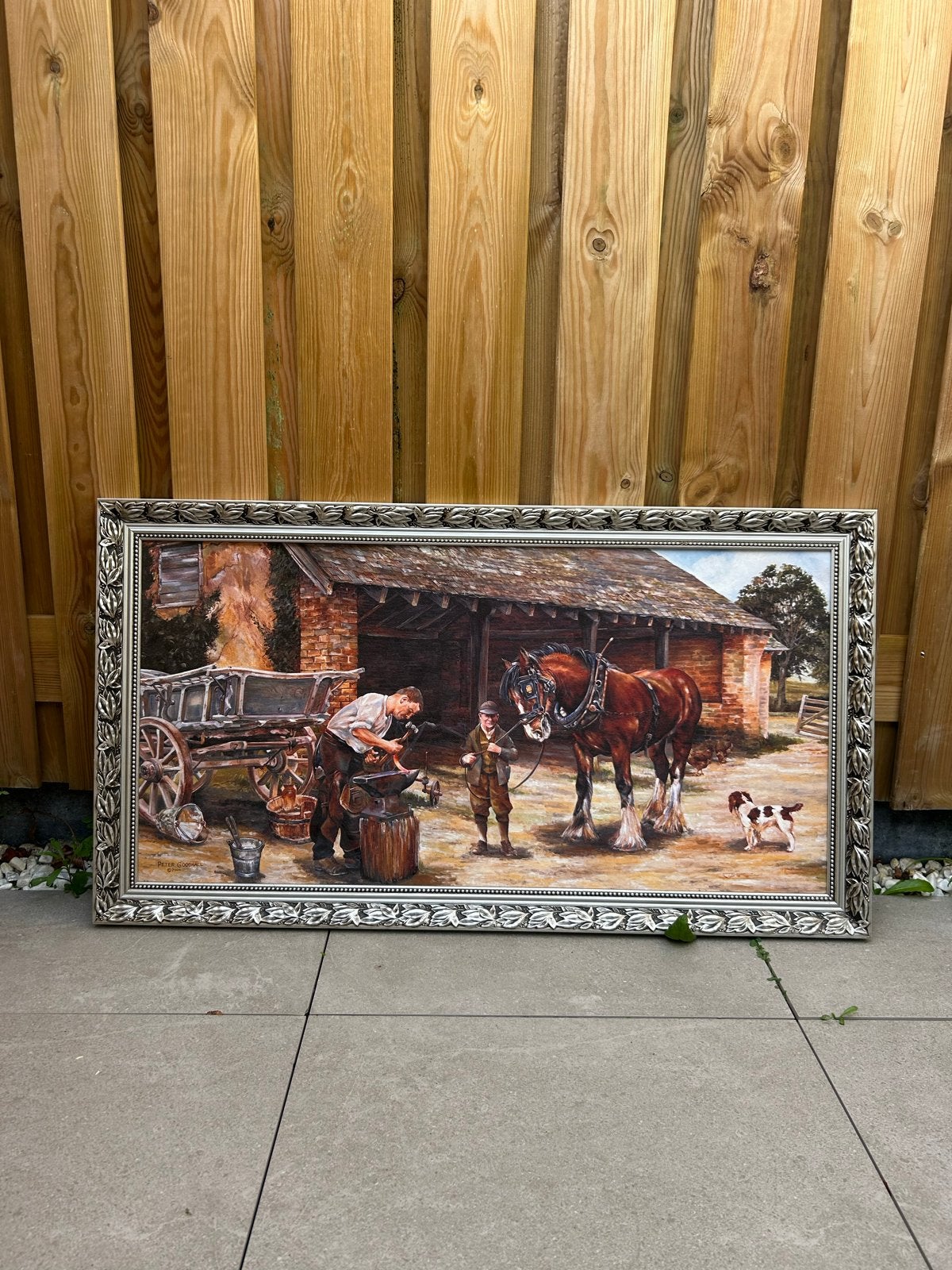 Schilderij Peter Goodhall - Hoefsmid met paard en hond, Doek, Realistisch, Ophalen of Verzenden, Gesigneerd