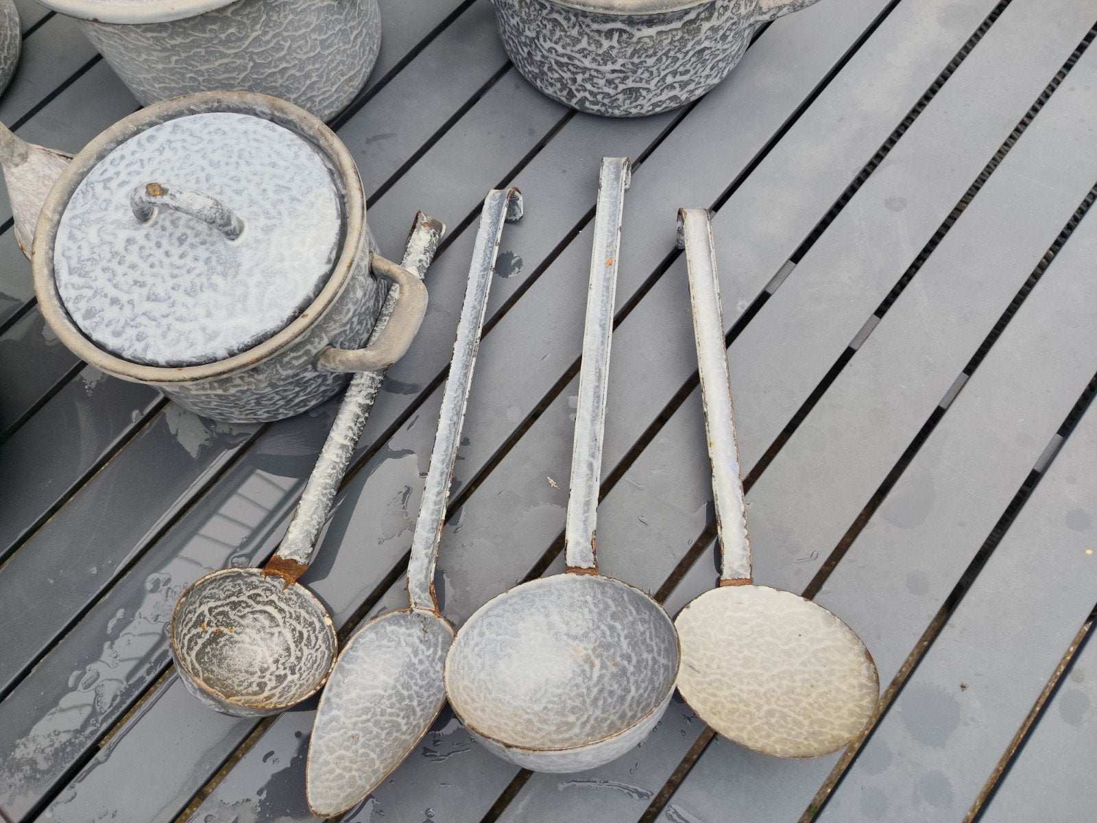 Set grijs gewolkte emaille, Antiek en Kunst, Ophalen of Verzenden