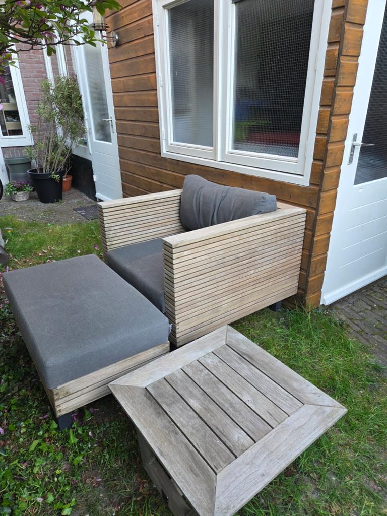 Mooie tuinstoel met voetenbank en bijzettafel, Tuin en Terras, Ophalen, Gebruikt, Bijzettafel