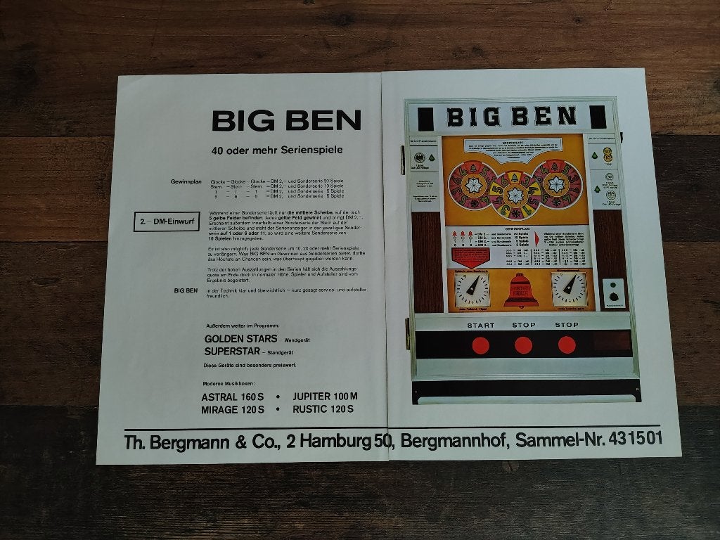 Flyer/ Reclame: Bergmann Big Ben (1972) Wand Gokkast, Verzamelen, Verzenden, Gebruikt
