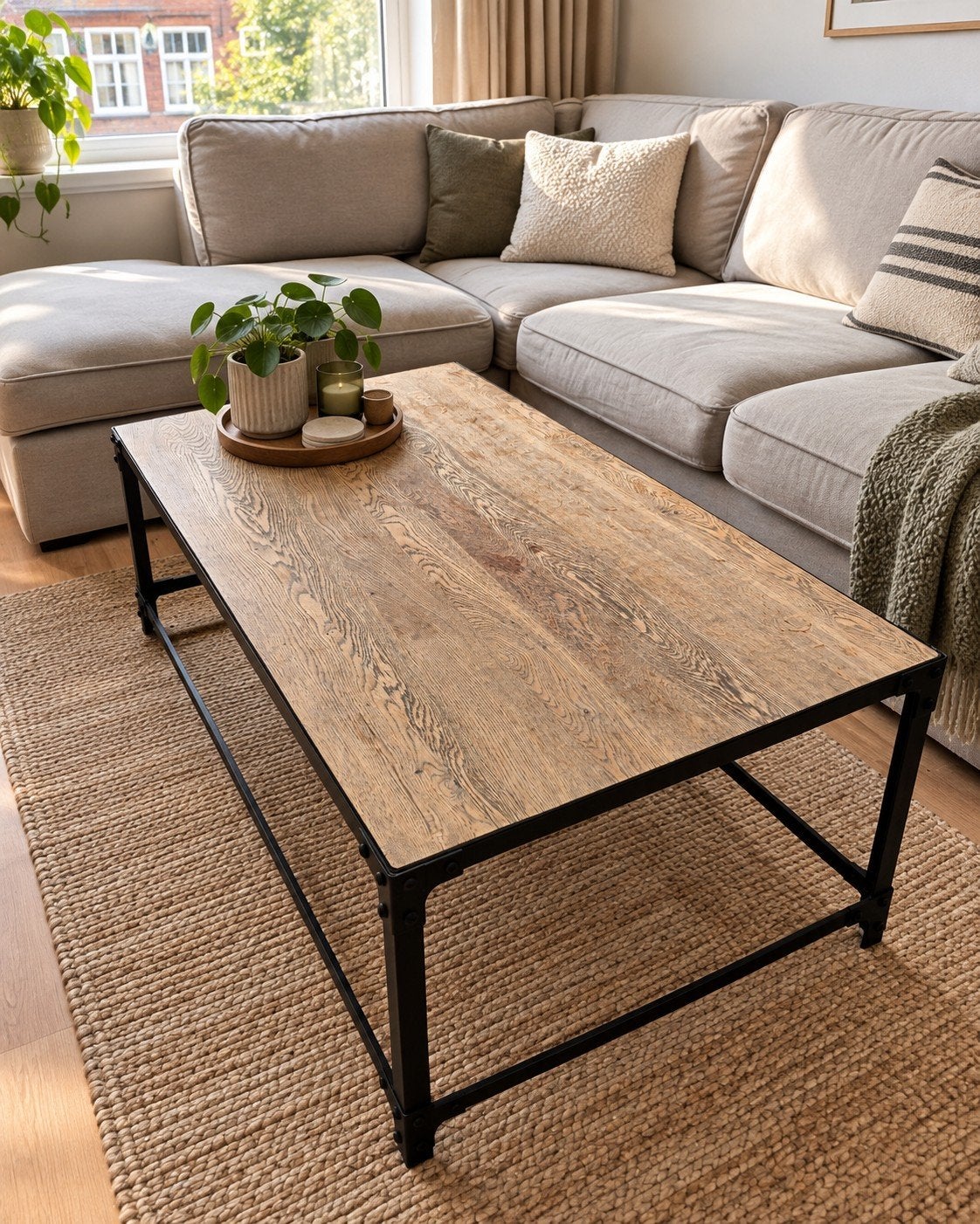 Salontafel met houten blad en industriële poten, Ophalen
