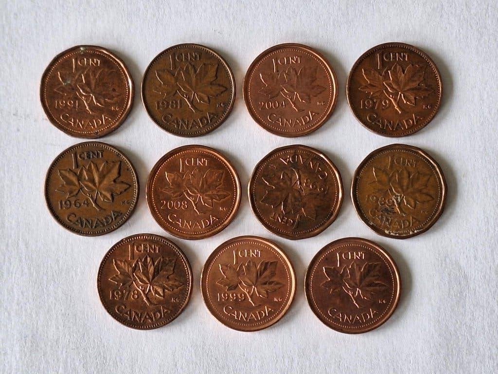 11 munten Canada 1 cent 1964-2008, Ophalen of Verzenden, Noord-Amerika, Losse munt