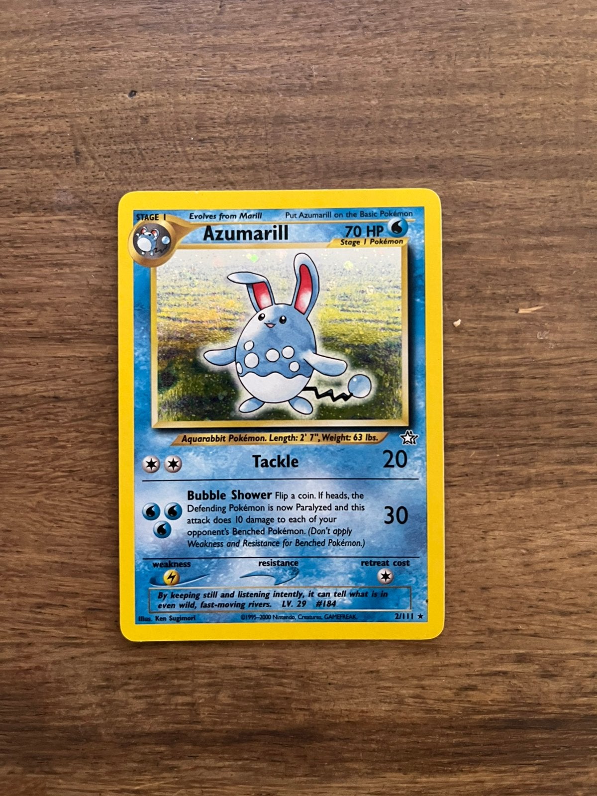Azumarill holo met swirl 2/111 - Neo Genesis, Ophalen of Verzenden, Zo goed als nieuw, Losse kaart, Foil