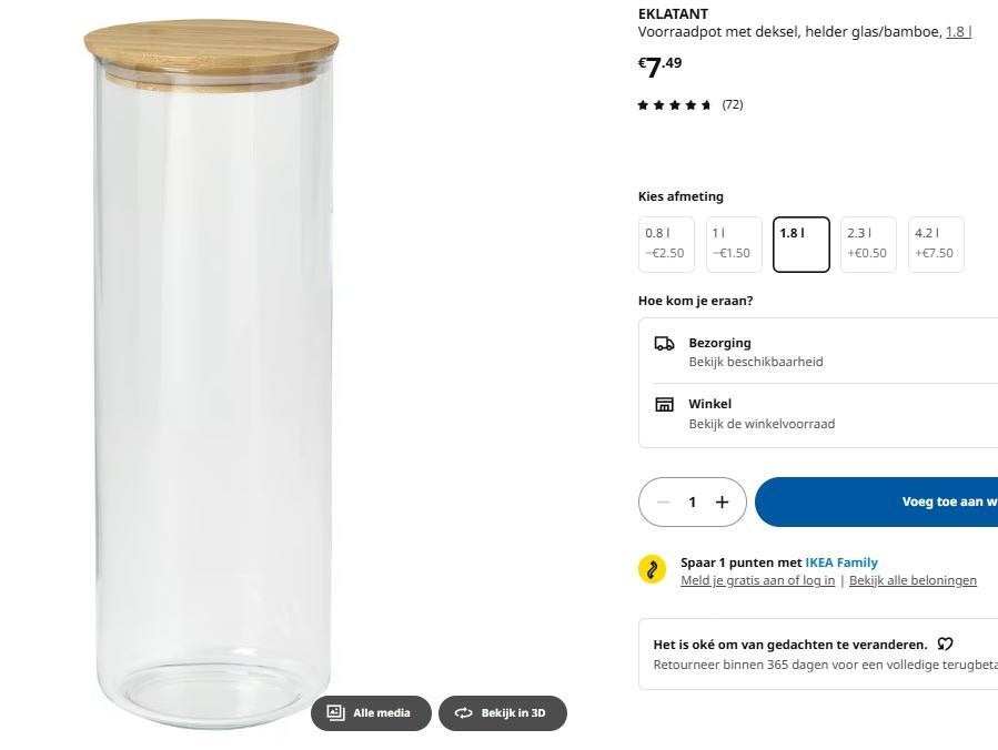 Ikea Eklatant 1,8 liter ronde glazen opbergpot, Ophalen, Met deksel, Pot, Bus of Blik, IKEA