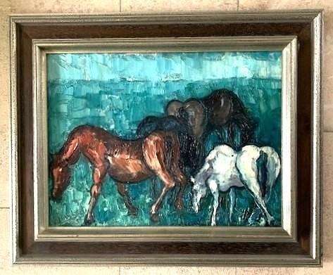 4 Paarden in de wei '63 - Bob Fernhout (1910-1987), Antiek en Kunst, Kunst | Schilderijen | Klassiek, Ophalen of Verzenden