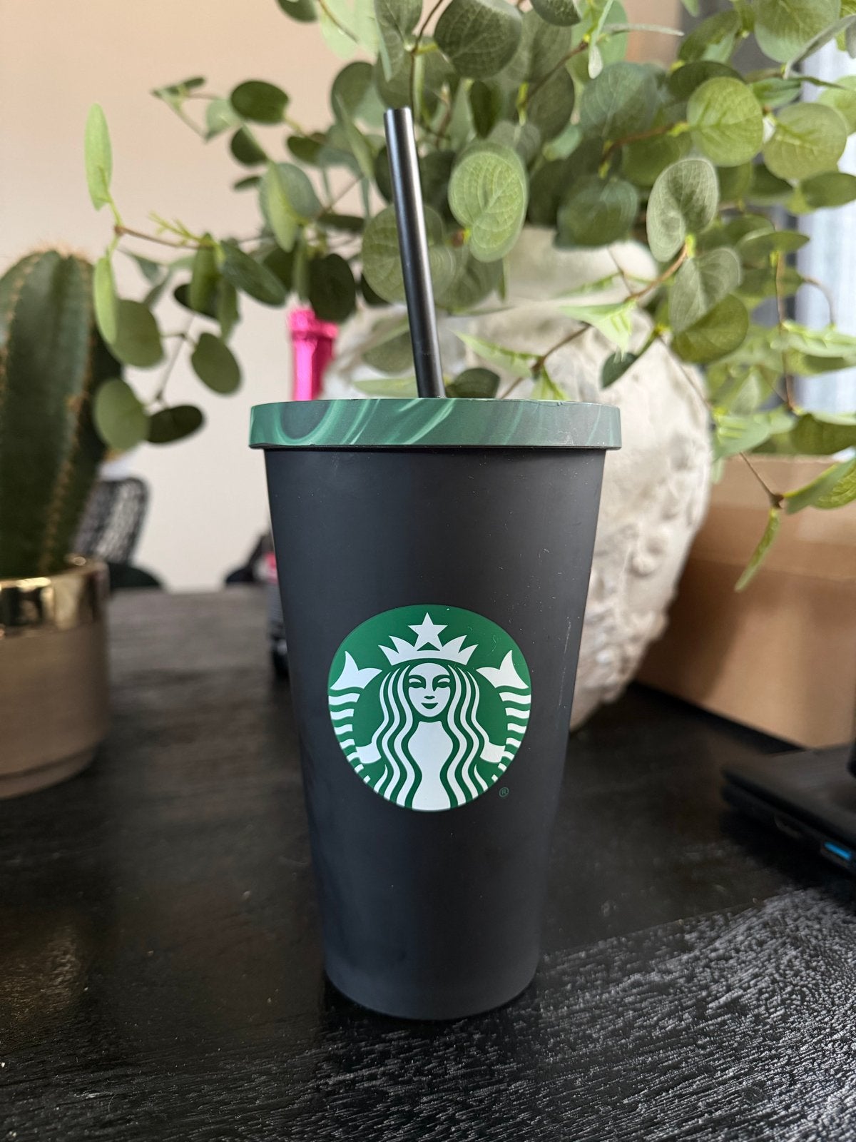 Starbucks Cold Cup Zwart met Groene Marmeren Deksel, Ophalen of Verzenden, Zo goed als nieuw, Zwart, Kunststof