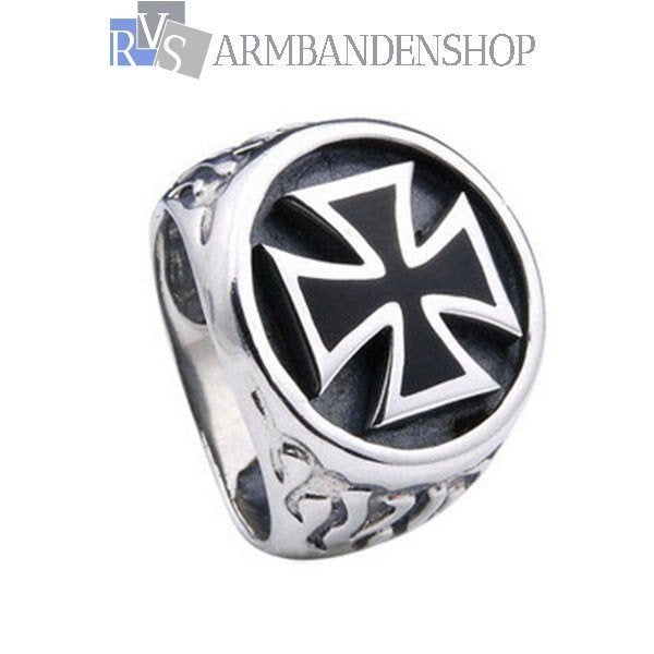 Rvs bikers ring kruis german cross zegelring heren zegelring, 20 of groter, Heer, Nieuw, Zilver