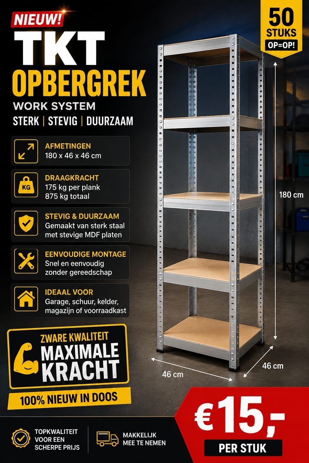 Nieuw TKT Opbergrek - Sterk, Stevig & Duurzaam (180x46x46cm), Huis en Inrichting, Kasten | Stellingkasten, Ophalen, Nieuw
