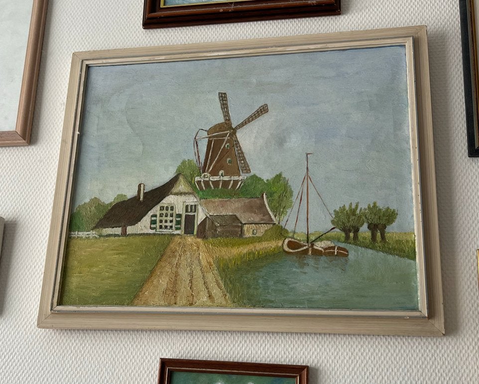 Oud Hollands landschap olieverfschilderij met molen en boot, Doek, Oud hollands, Ophalen of Verzenden, Olieverf