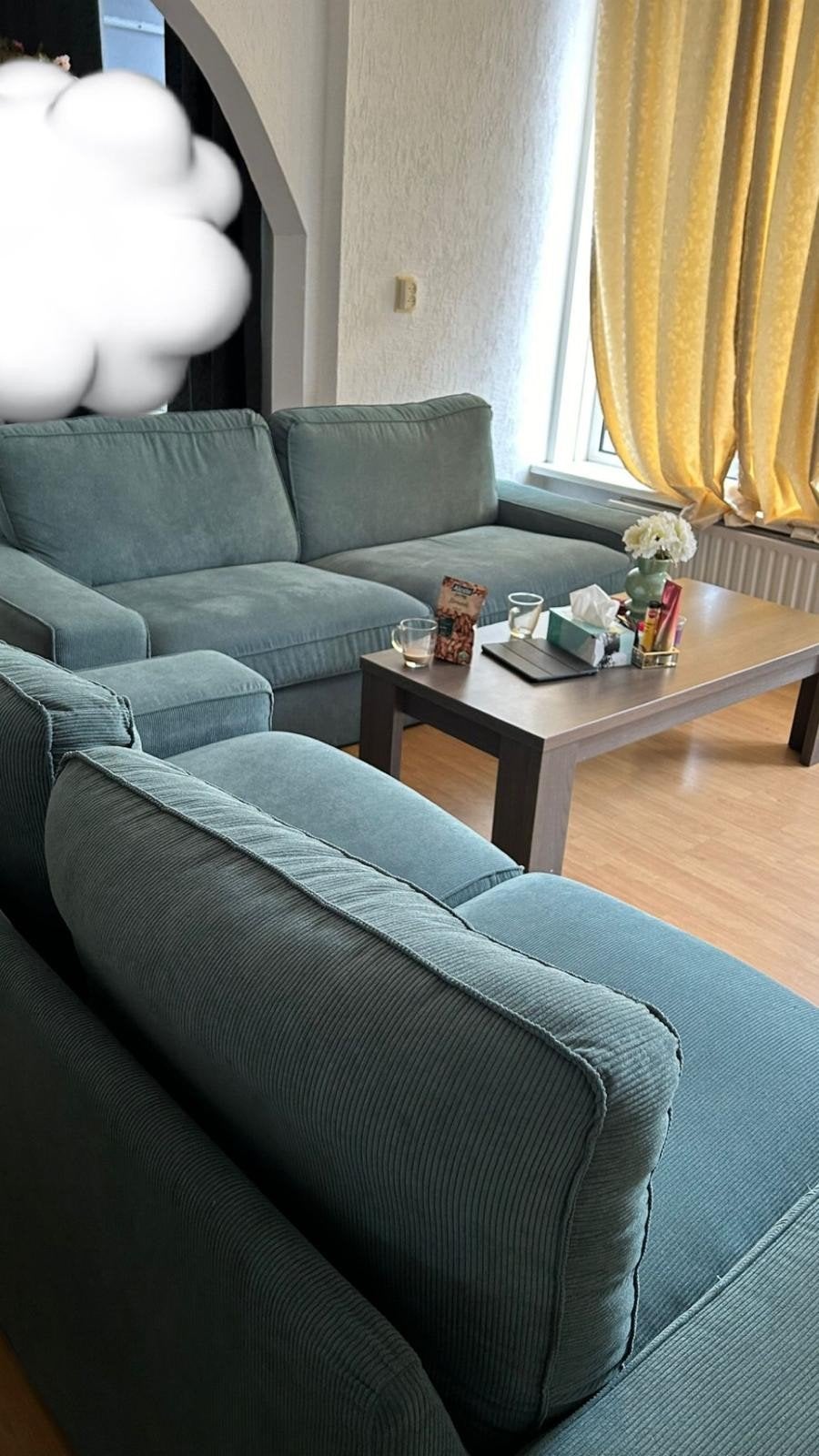 Prachtige Ribstof (Corduroy) Bankstel in Stijlvol Groen / Sa, Huis en Inrichting, Ophalen, Zo goed als nieuw, 75 tot 100 cm, Vierpersoons of meer