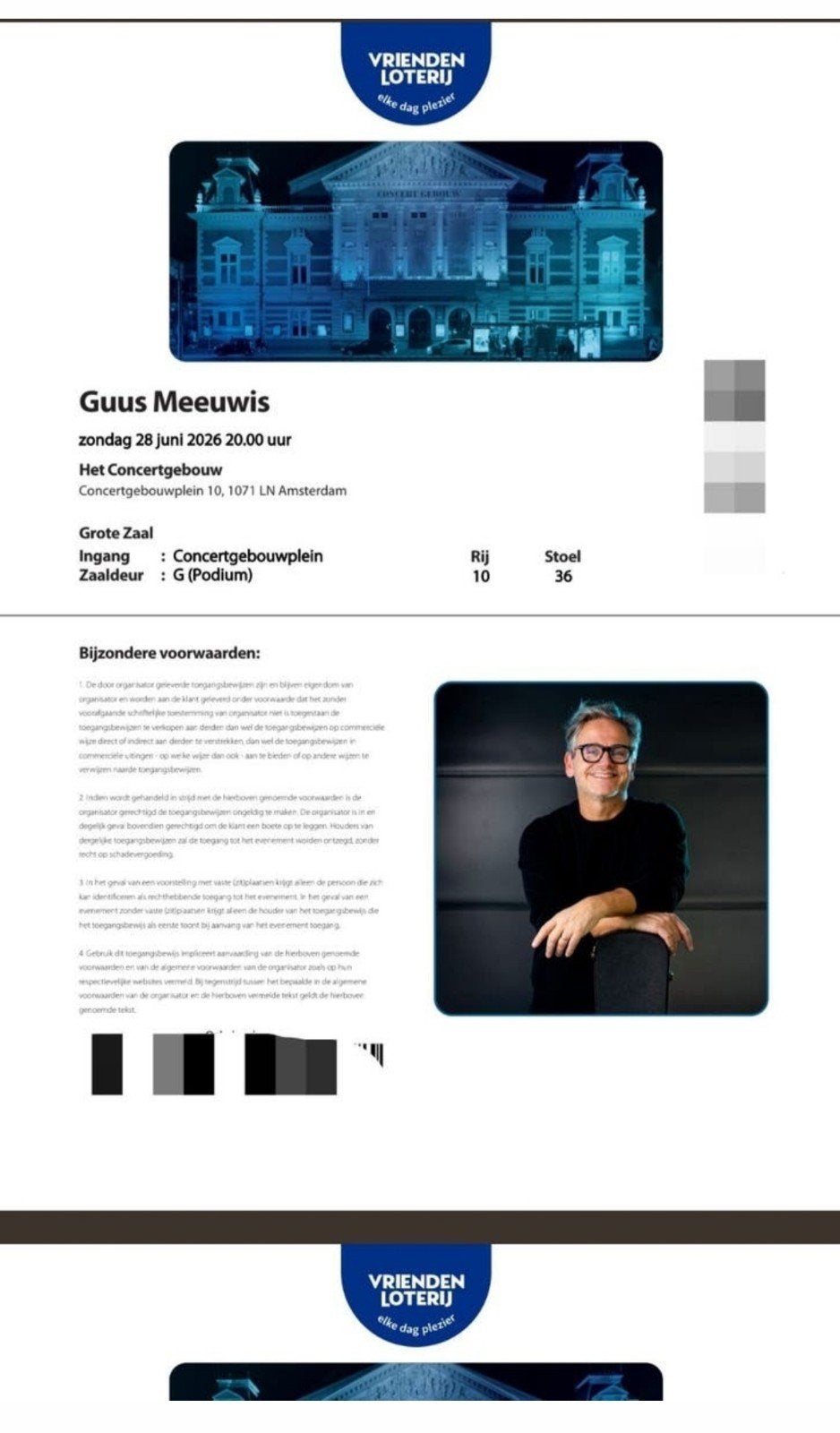 Guus Meeuwis twee tickets 28 juni concertgebouw, Ophalen