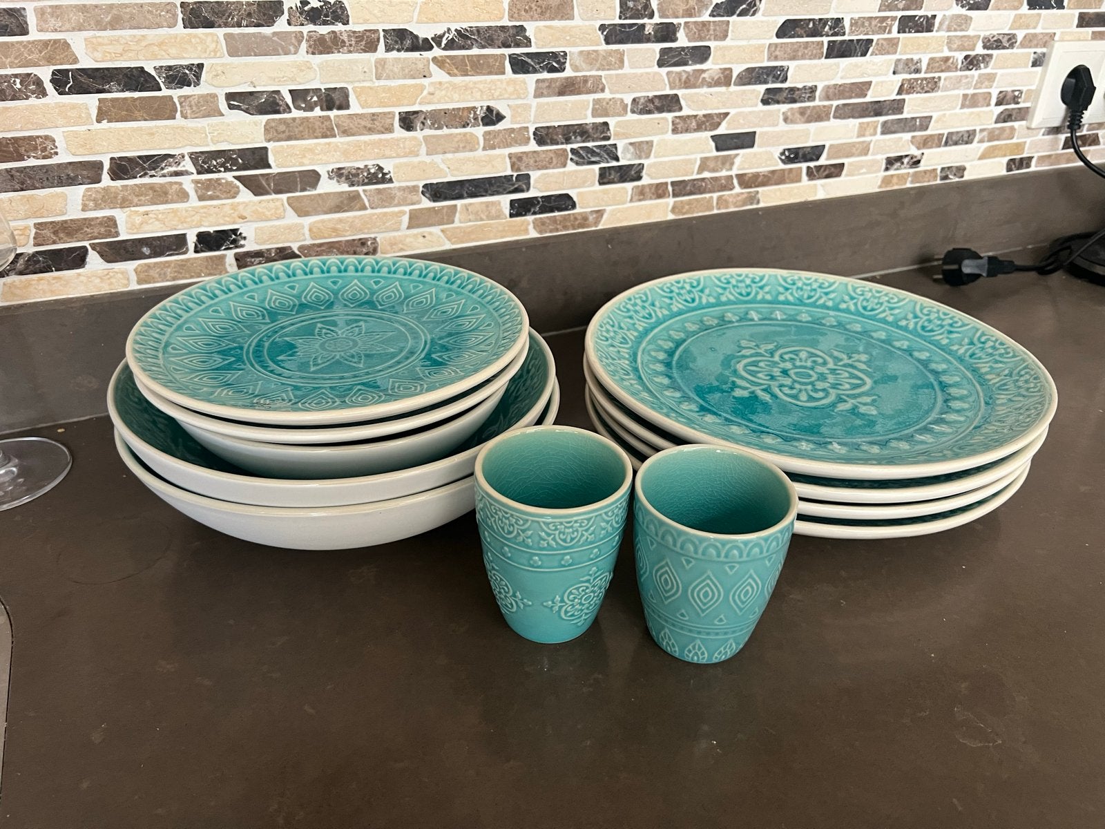 Capri servies set - 11-delig - Turquoise met patroon, Ophalen, Gebruikt, Overige merken, Keramiek