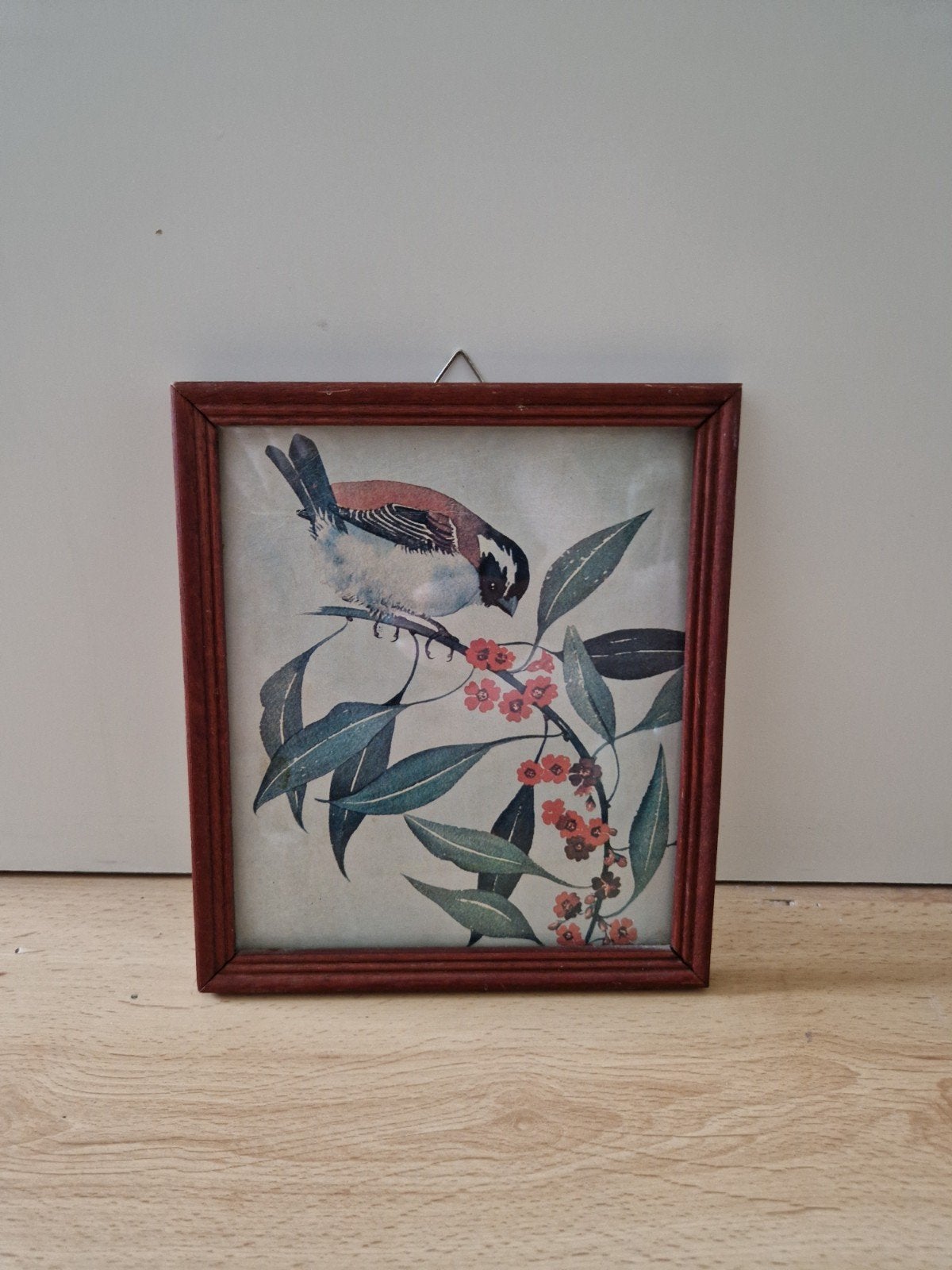 vintage retro lijst print vogel planten bloemen hout, Ophalen of Verzenden, Hout