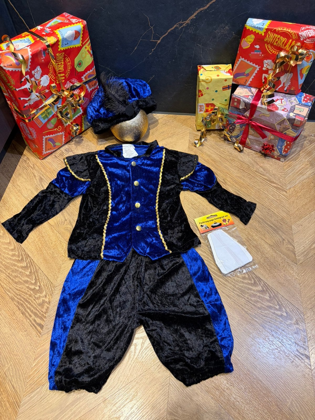 Pietenpak blauw zwart maat 104 nieuw set sinterklaas, Diversen, Ophalen of Verzenden, Nieuw