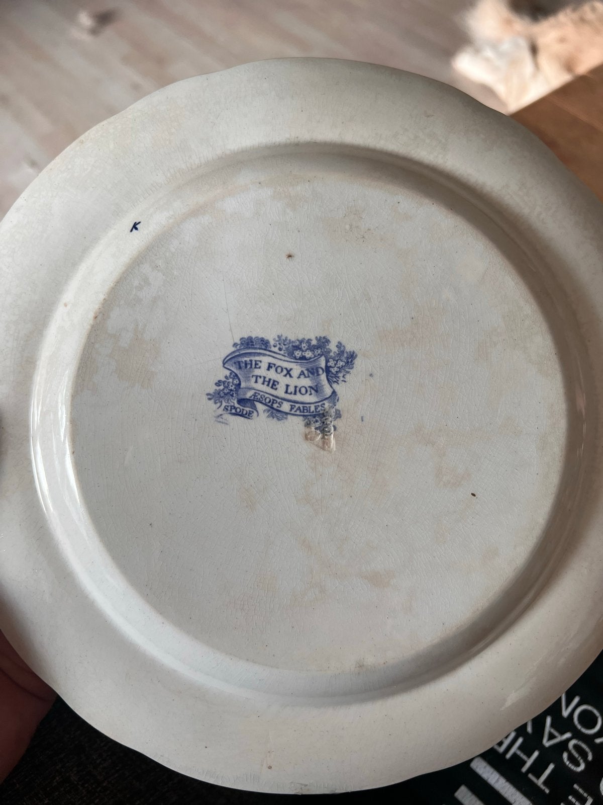Antiek Spode 'The Fox and The Lion' bord, blauw-wit, Ophalen